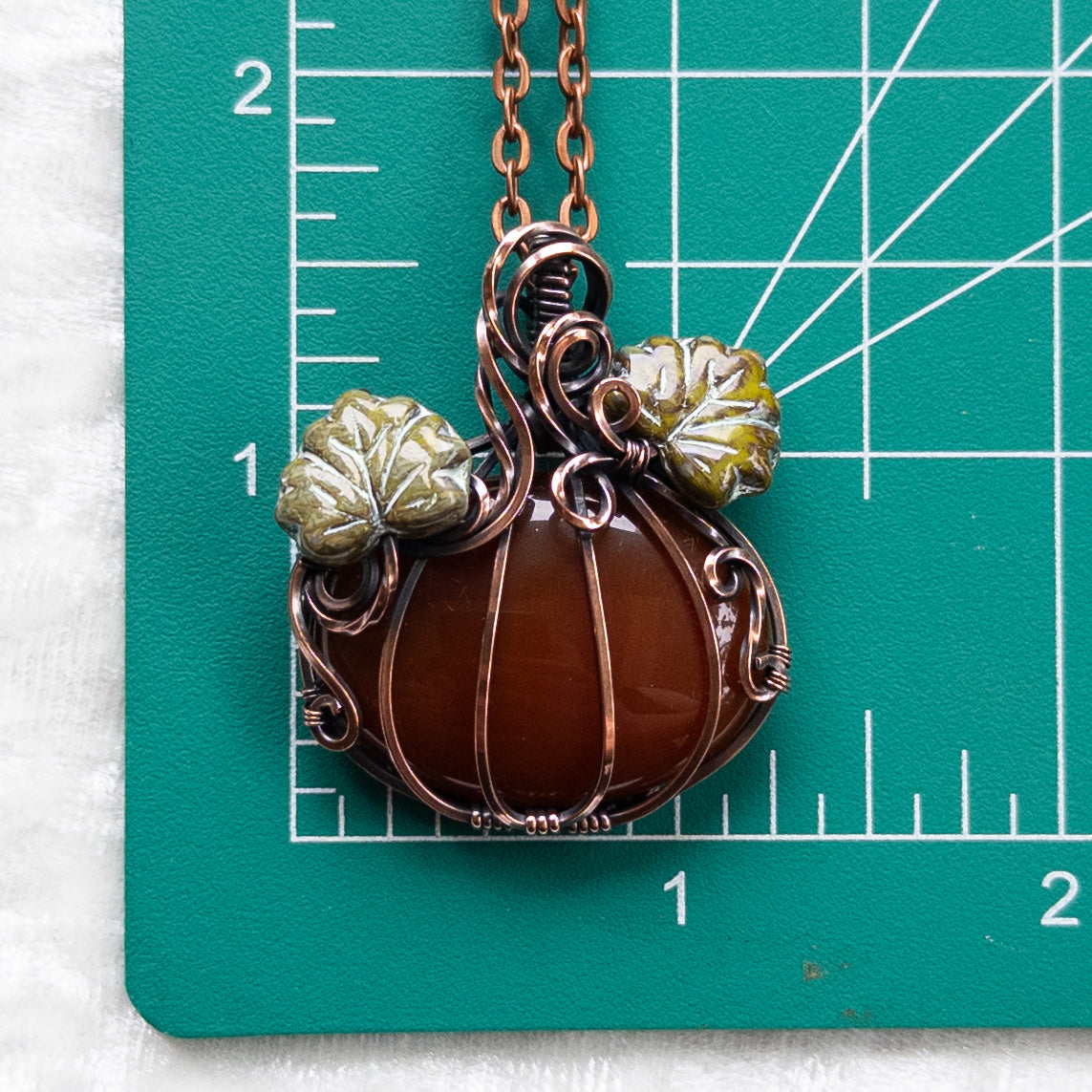 Carnelian Pumpkin Antiqued Copper Pendant With Czech Glass Leaves
