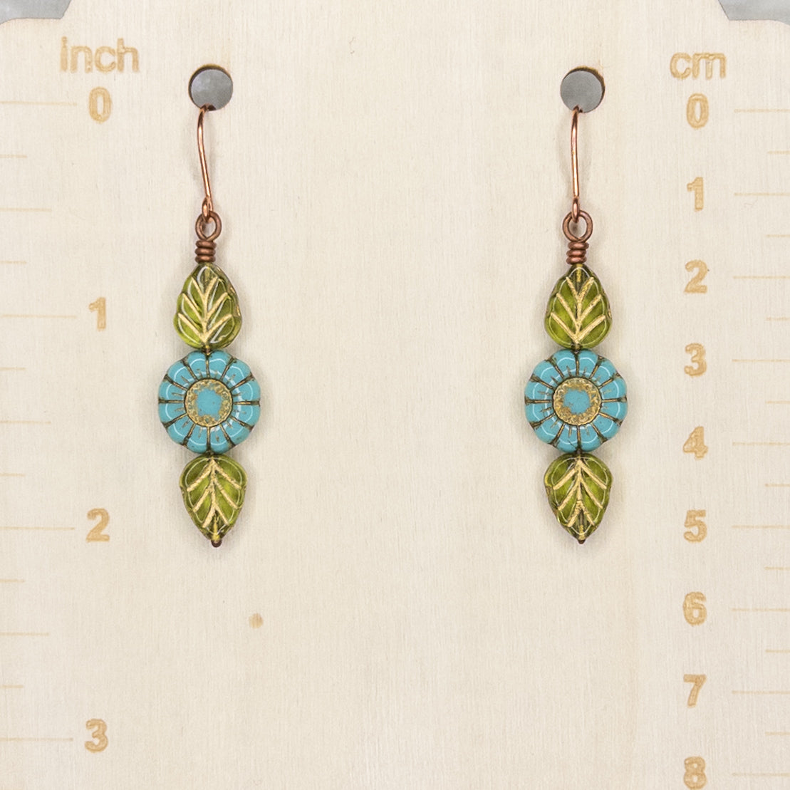 Czech Glass Flower & Leaf Copper Earrings