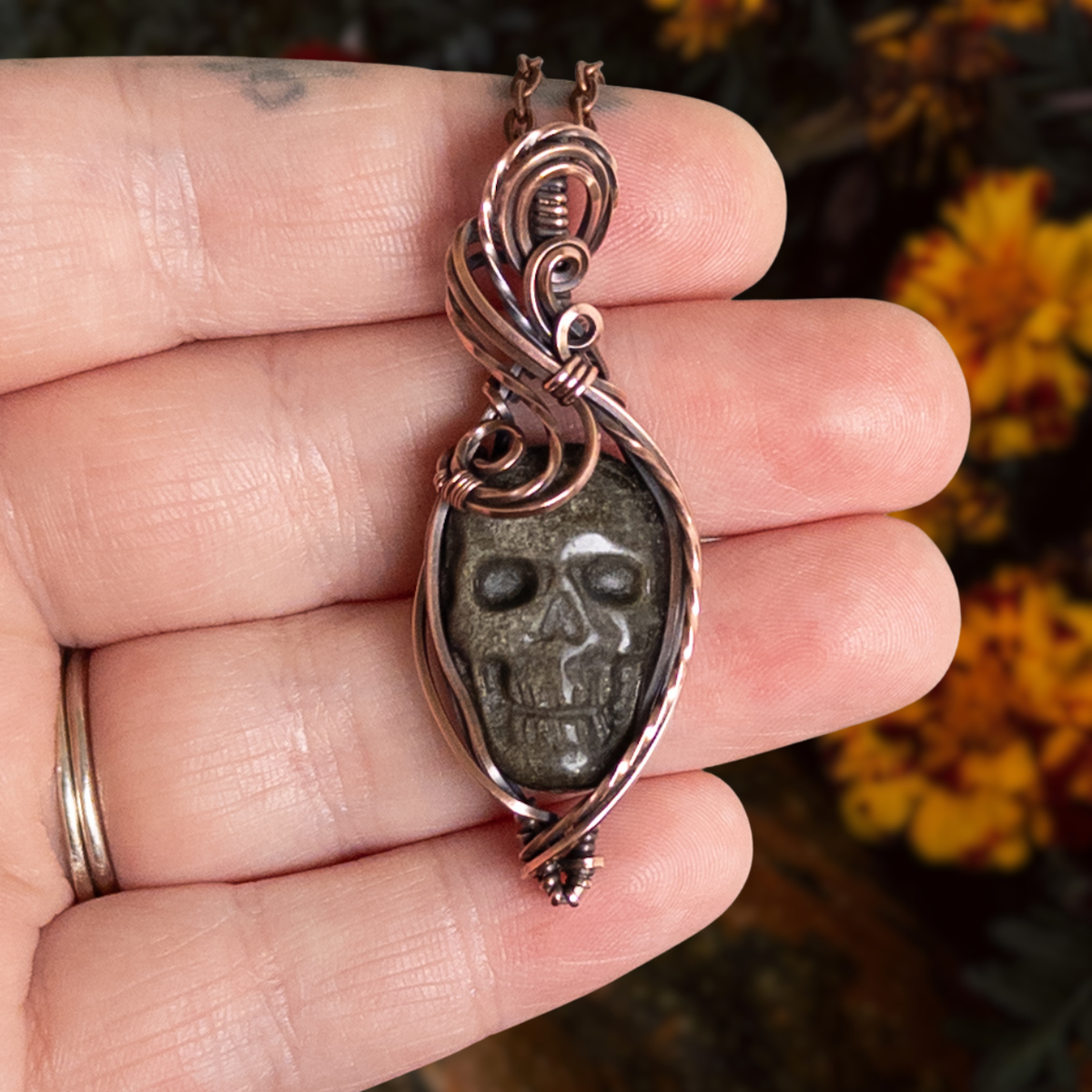 Gold Sheen Obsidian Skull Antiqued Copper Pendant