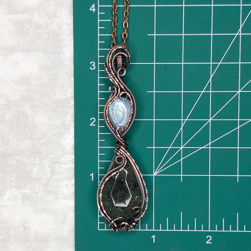 Rose-Cut Prehnite & Rainbow Moonstone Antiqued Copper Pendant