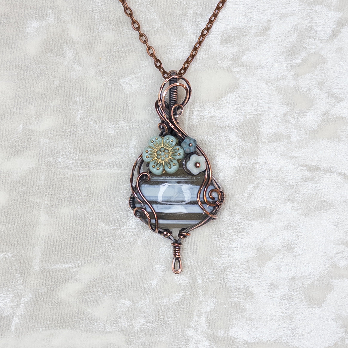 Banded Blue Opal & Czech Glass Antiqued Copper “Bouquet” Pendant