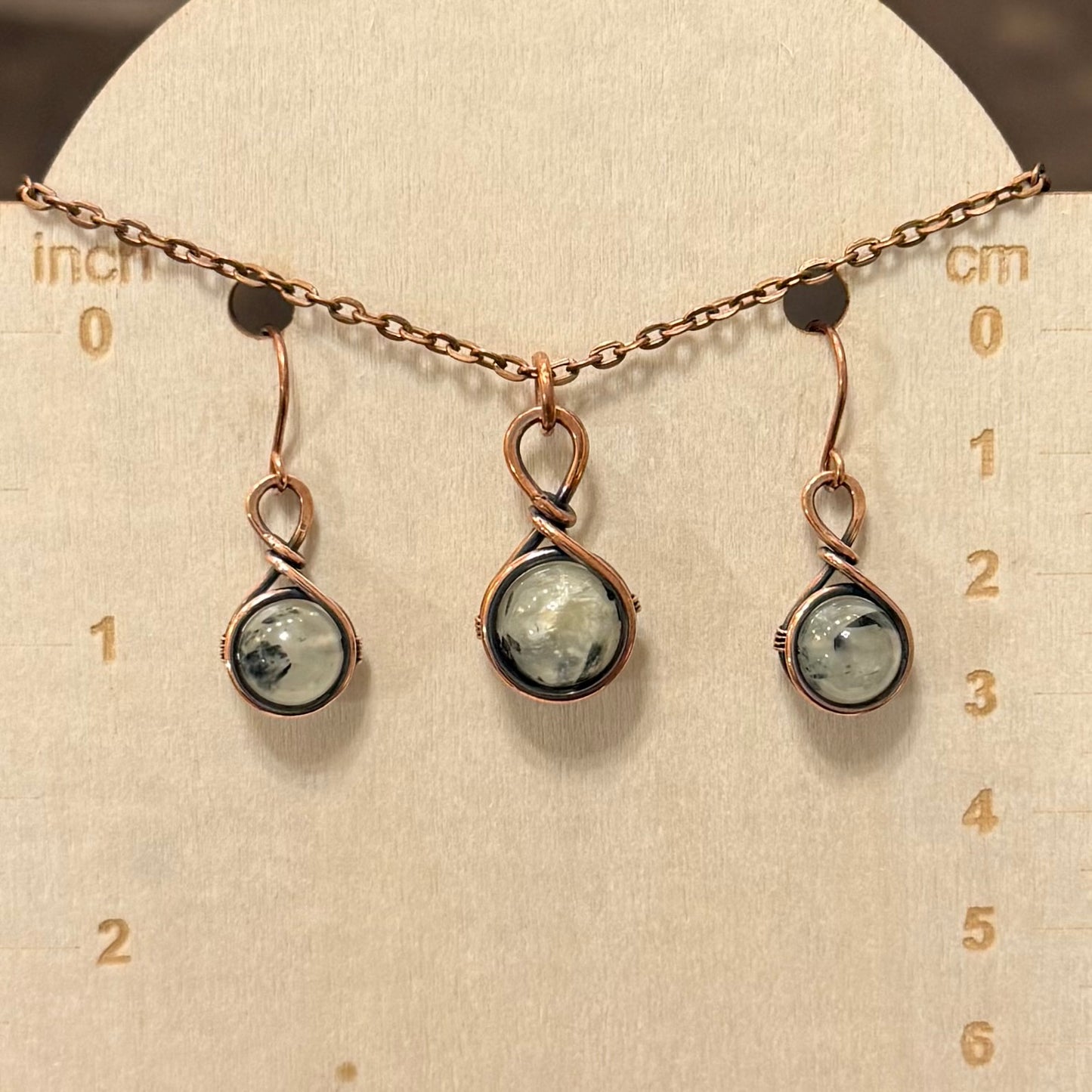 Drops of Prehnite Antiqued Copper Pendant & Earrings Set