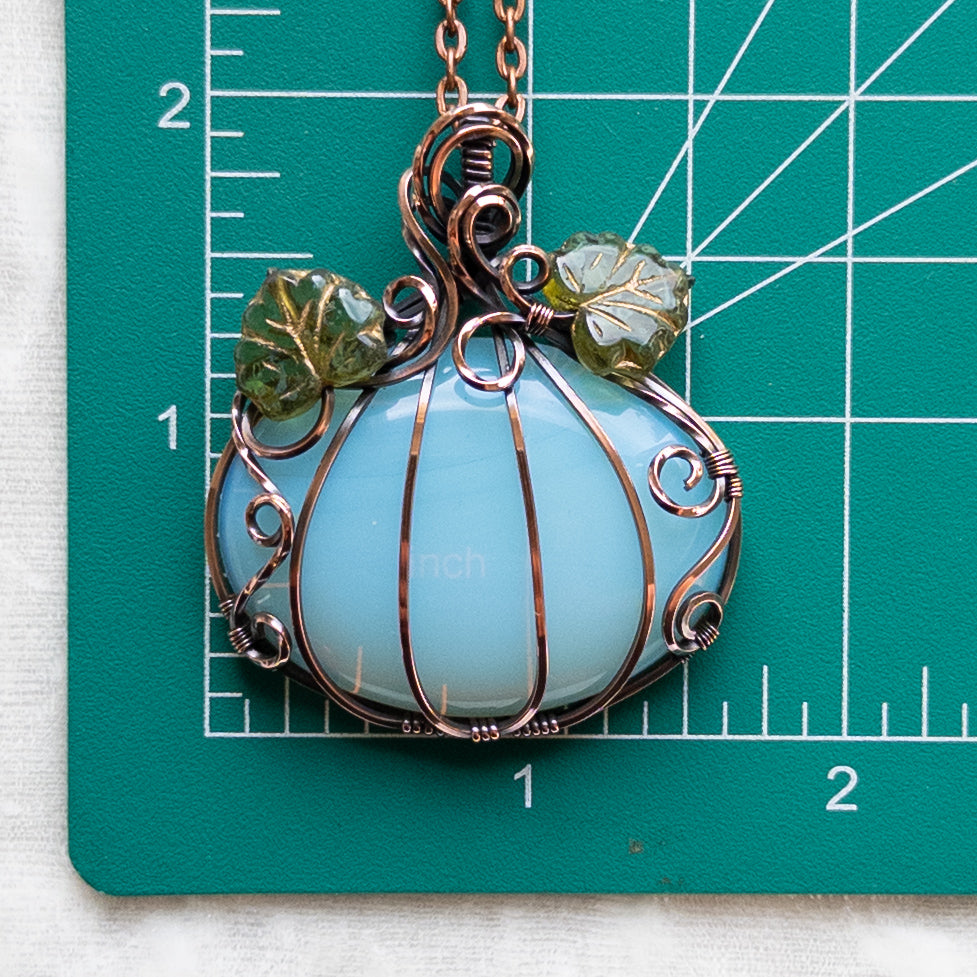 Opalite Glass Antiqued Copper Pumpkin Pendant With Czech Glass Leaves