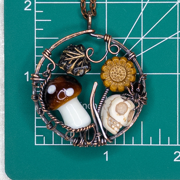 “Autumn Rest” Antiqued Copper Pendant With Czech Glass Botanical Beads, Lampwork Mushroom Bead, Stone Skull Bead, And Tiny Glass & Wire Spider