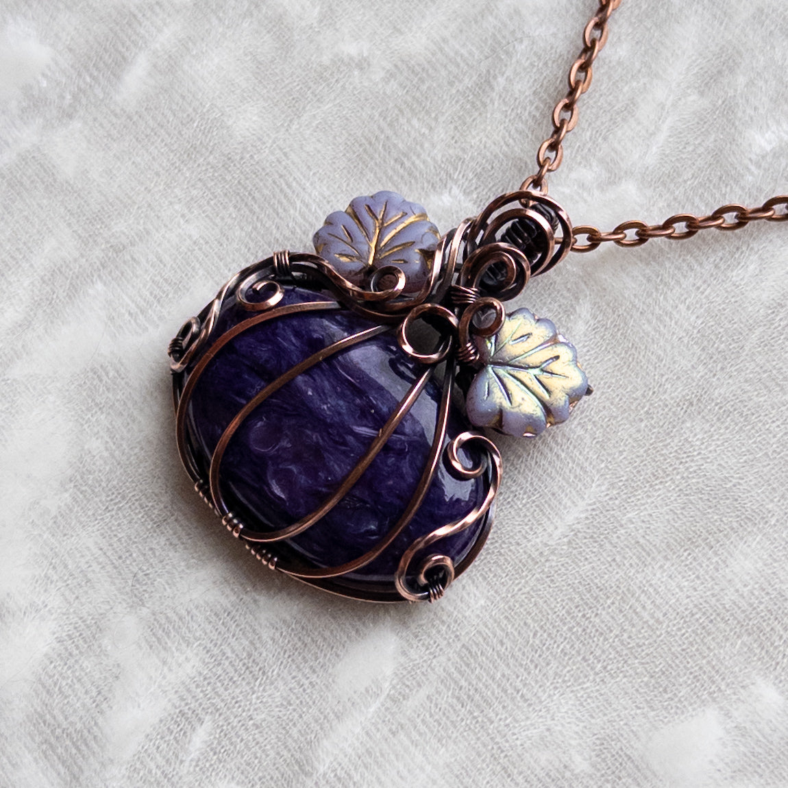 Charoite Pumpkin Antiqued Copper Pendant With Czech Glass Leaves
