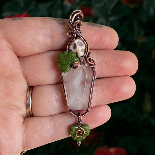 Quartz Coffin & Skull Antiqued Copper Pendant With Czech Glass Leaves