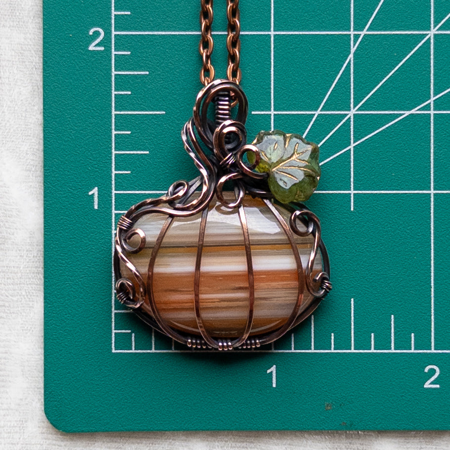 “Candy Corn” Banded Agate Antiqued Copper Pumpkin Pendant With Czech Glass Leaf