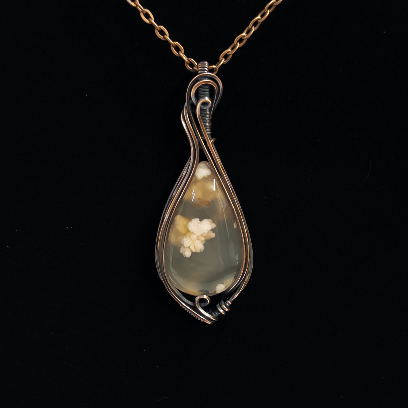 Flower Agate Copper Wrapped Pendant