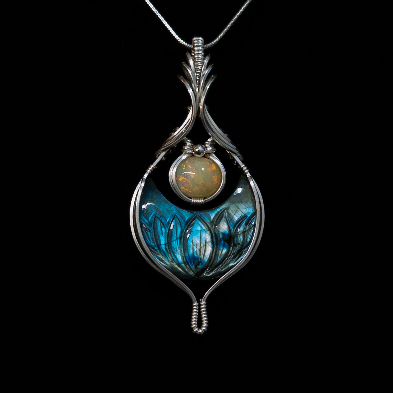 Lotus Carved Labradorite Moon & 2 ct. Ethiopian Opal Sterling Silver Pendant