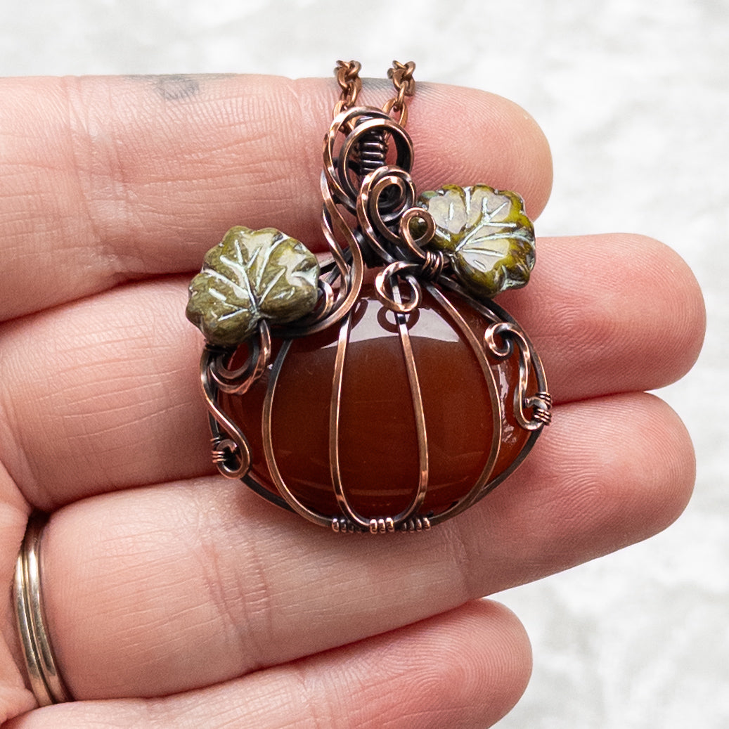 Carnelian Pumpkin Antiqued Copper Pendant With Czech Glass Leaves