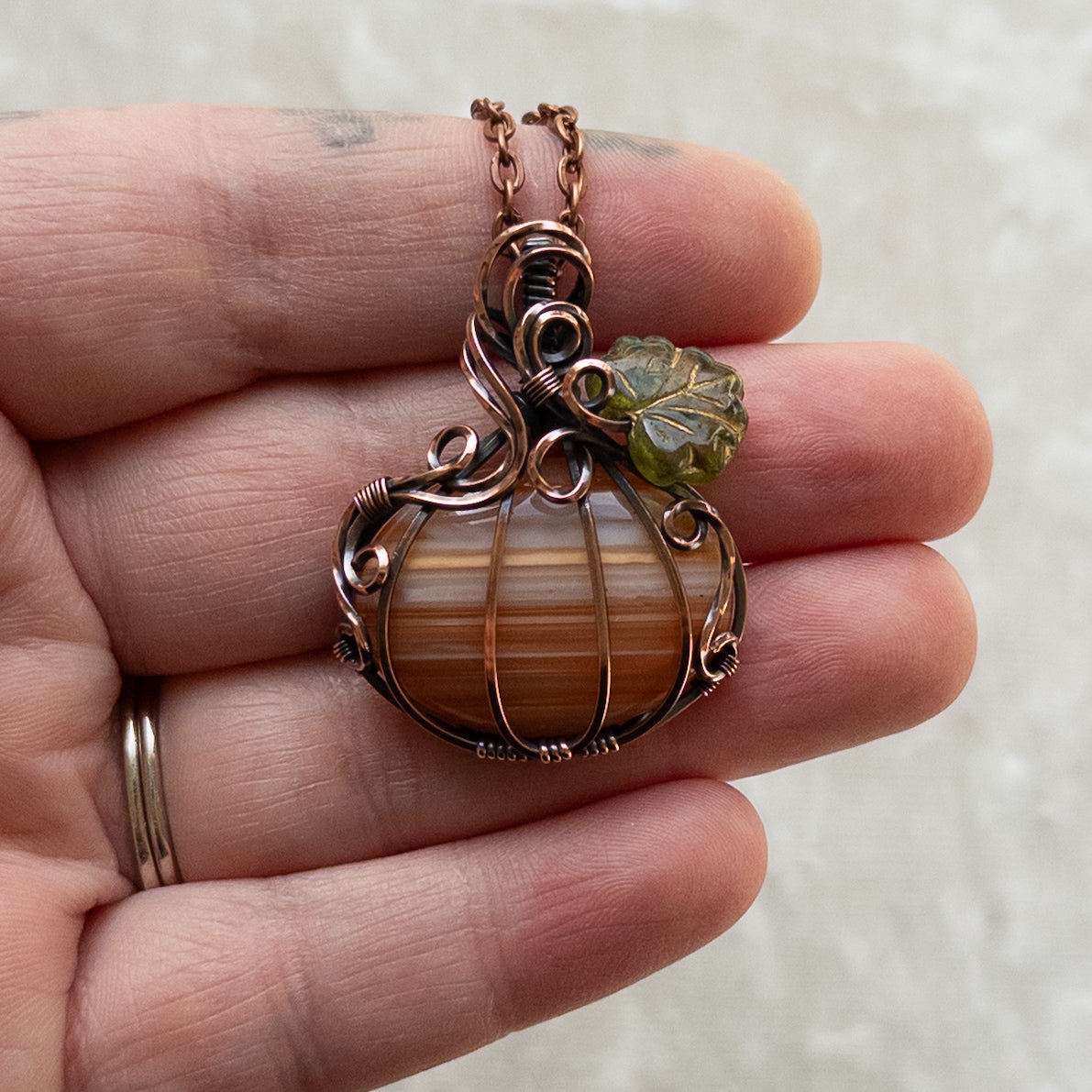 “Candy Corn” Agate Antiqued Copper Pumpkin Pendant With Czech Glass Leaf