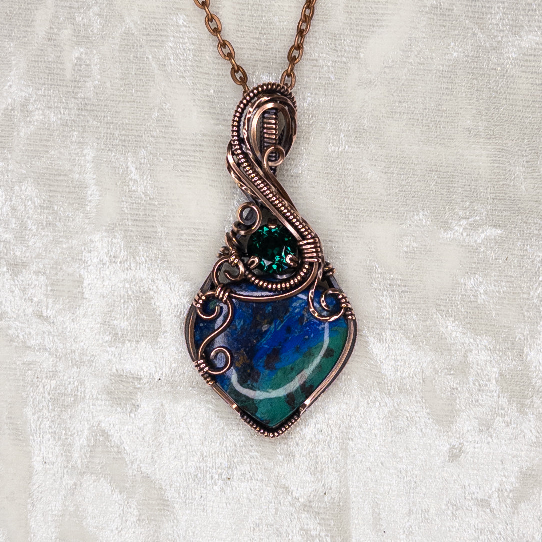 Moroccan Azurite with Malachite & Simulated Emerald Antiqued Copper Pendant