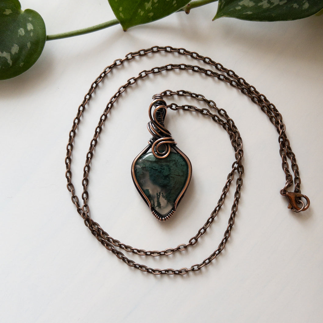 Moss Agate & Copper Wrapped Pendant