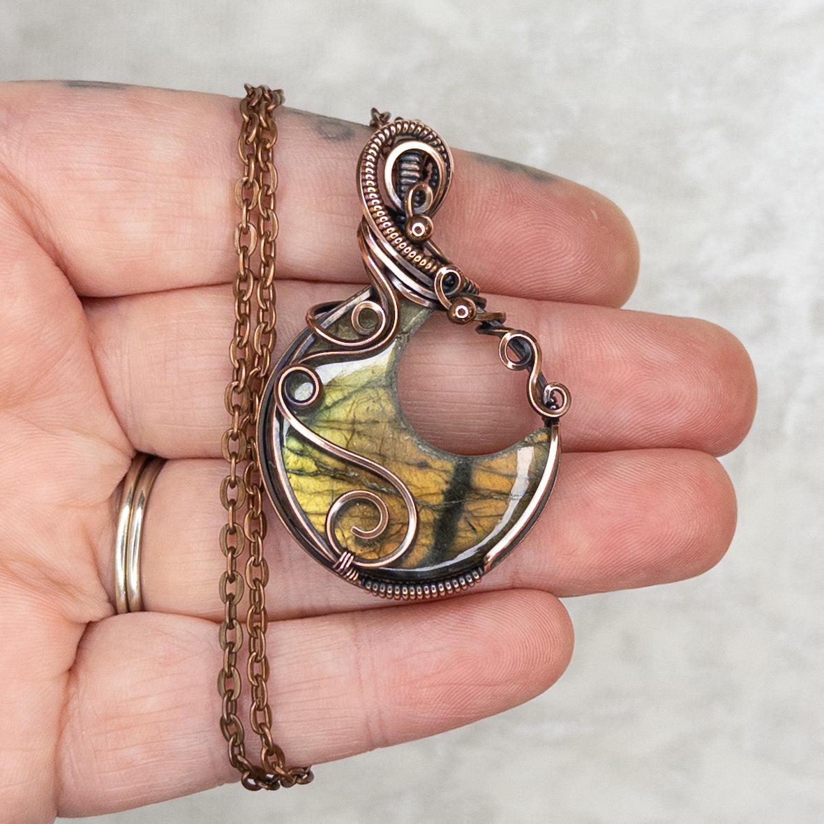 Golden Labradorite Moon Antiqued Copper Pendant