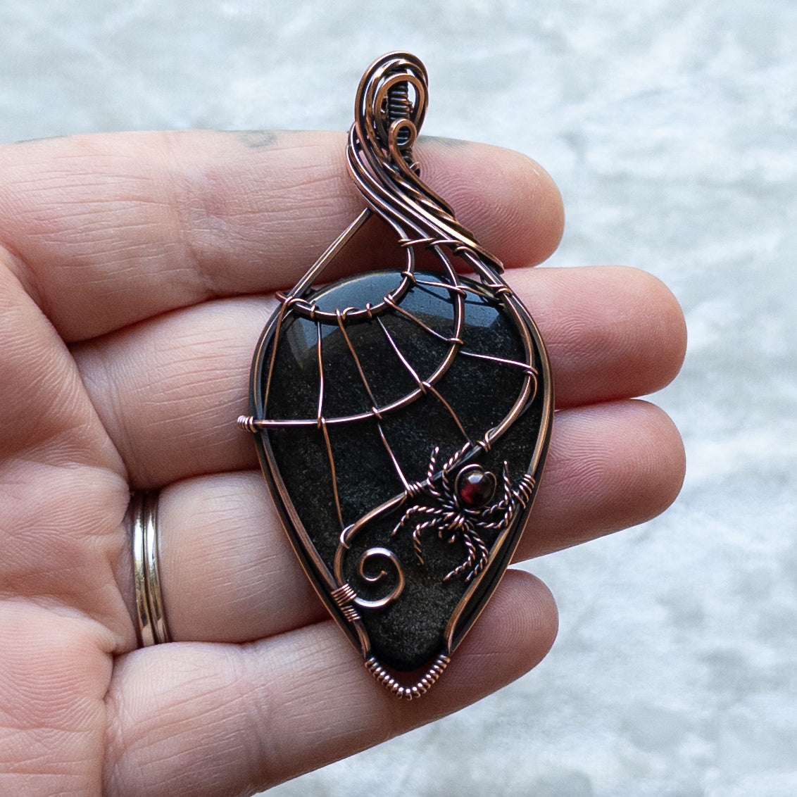 Gold Sheen Obsidian Web & Garnet Spider Pendant - Antiqued Copper