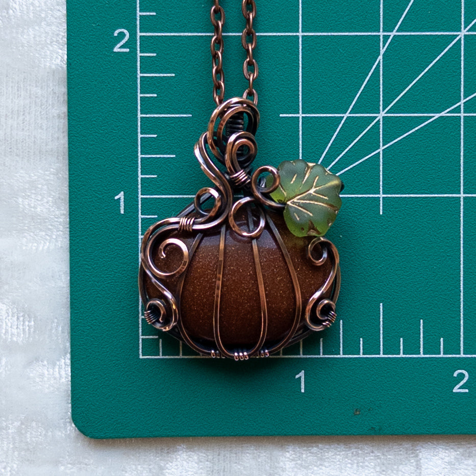 Orange Goldstone Pumpkin Pendant With Czech Glass Leaf - Antiqued Copper