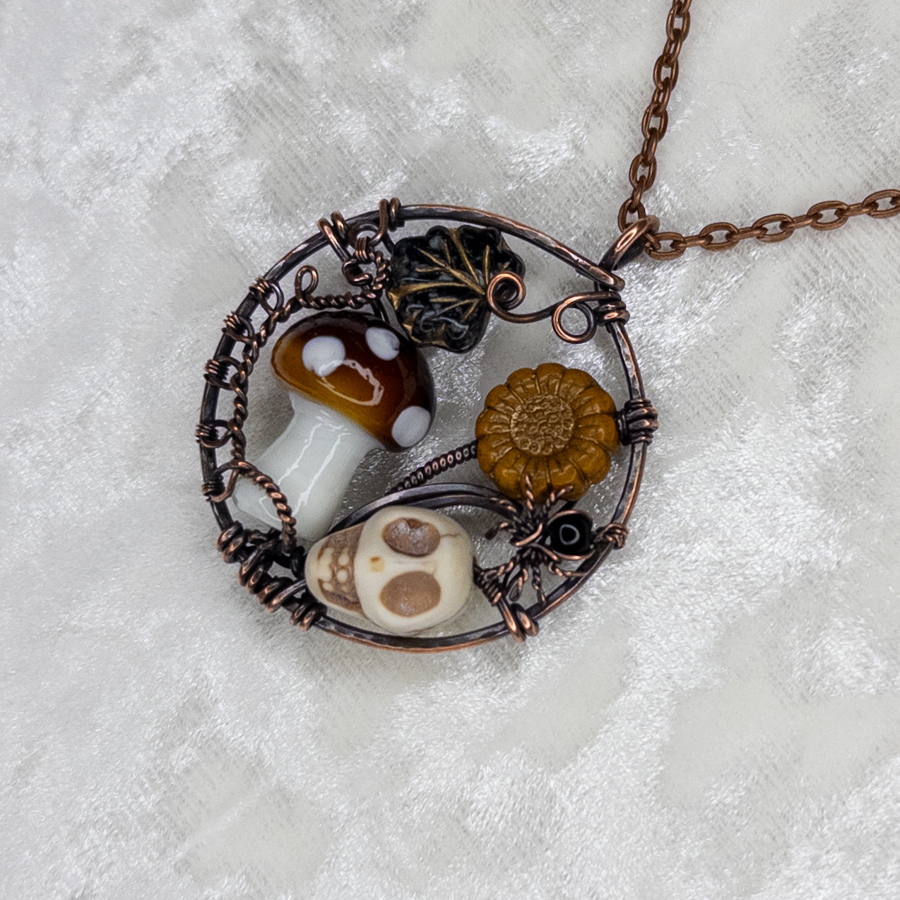 “Autumn Rest” Antiqued Copper Pendant With Czech Glass Botanical Beads, Lampwork Mushroom Bead, Stone Skull Bead, And Tiny Glass & Wire Spider