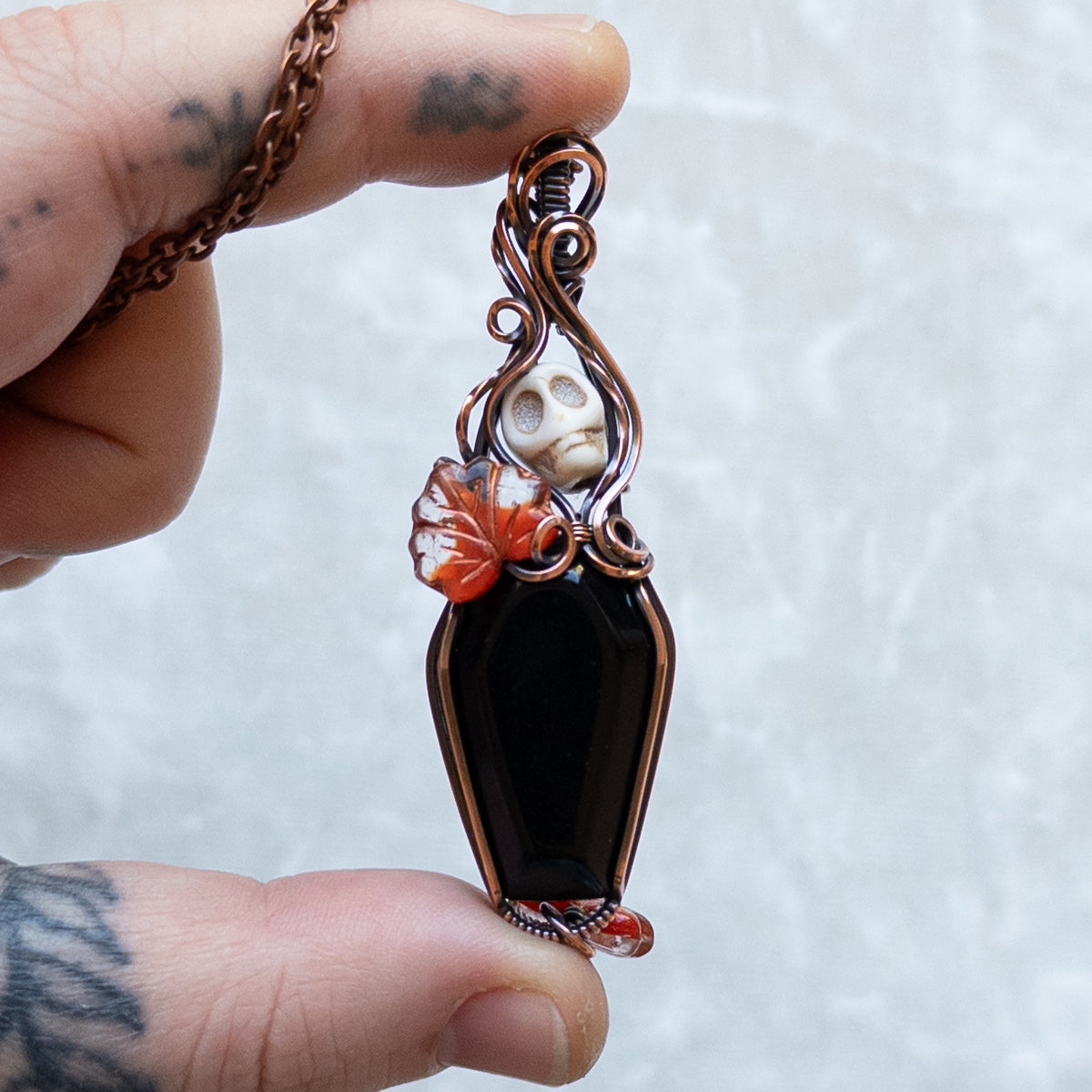 Obsidian Coffin & Skull Antiqued Copper Pendant With Czech Glass Leaves