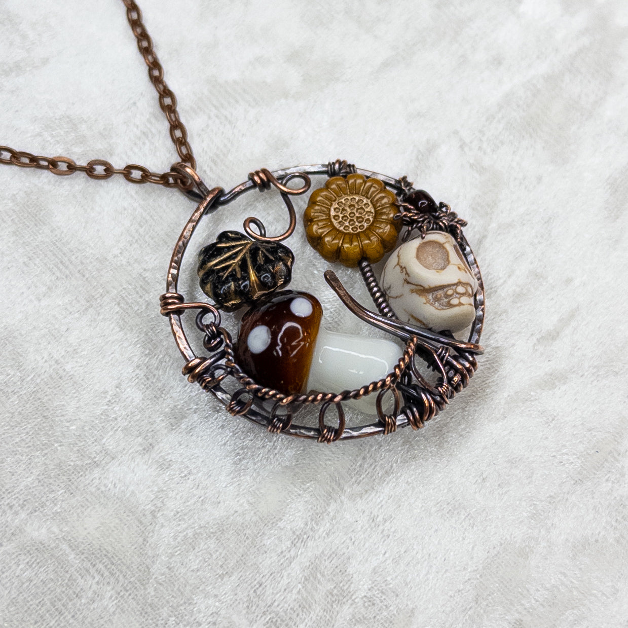 “Autumn Rest” Antiqued Copper Pendant With Czech Glass Botanical Beads, Lampwork Mushroom Bead, Stone Skull Bead, And Tiny Glass & Wire Spider