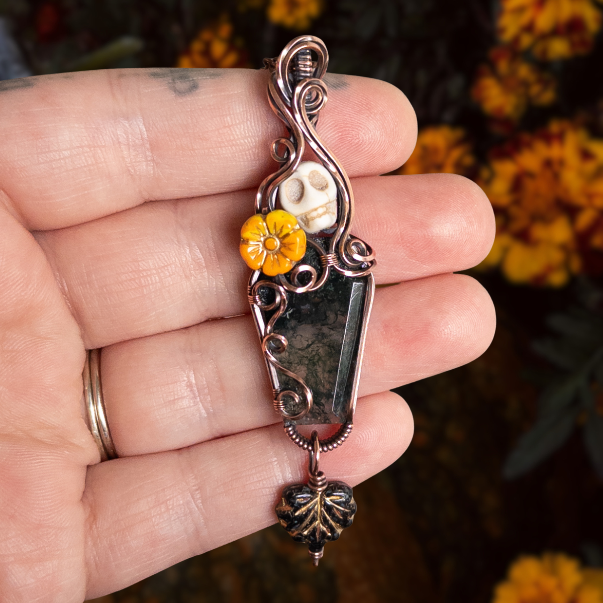 Moss Agate Coffin, Skull, & Marigold Antiqued Copper Pendant With Dangling Czech Glass Leaf