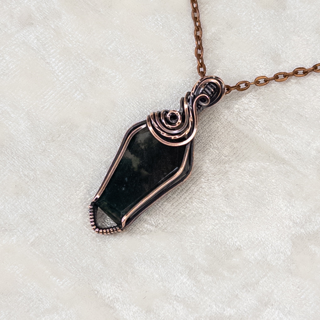Moss Agate Coffin Antiqued Copper Pendant
