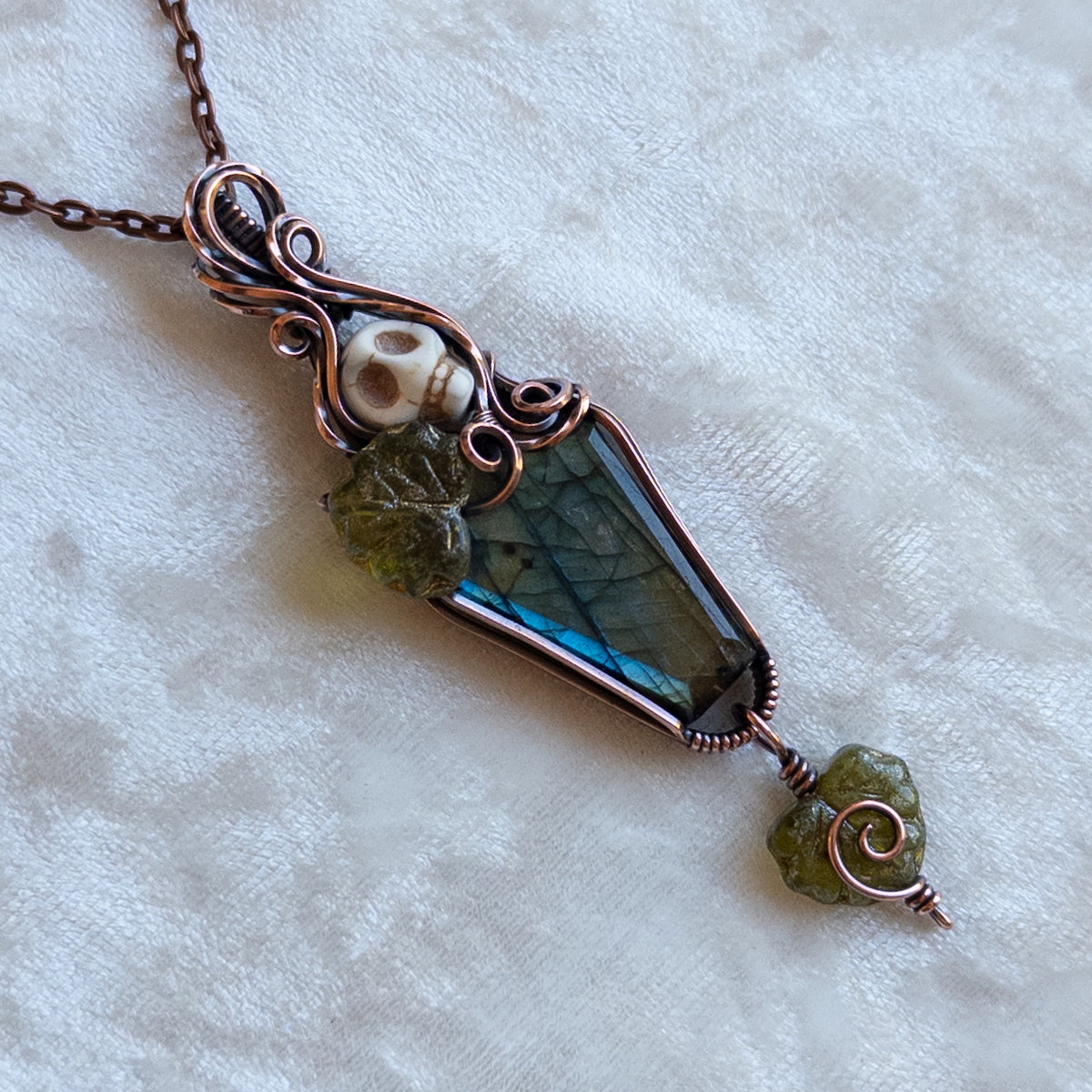 Labradorite Coffin & Skull Antiqued Copper Pendant With Czech Glass Leaves