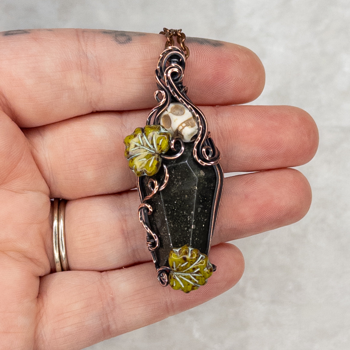 African Bloodstone With Pyrite  Coffin & Skull Antiqued Copper Pendant with Czech Glass Leaves