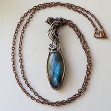 Load image into Gallery viewer, Blue Marquise Labradorite Copper Wrapped Pendant
