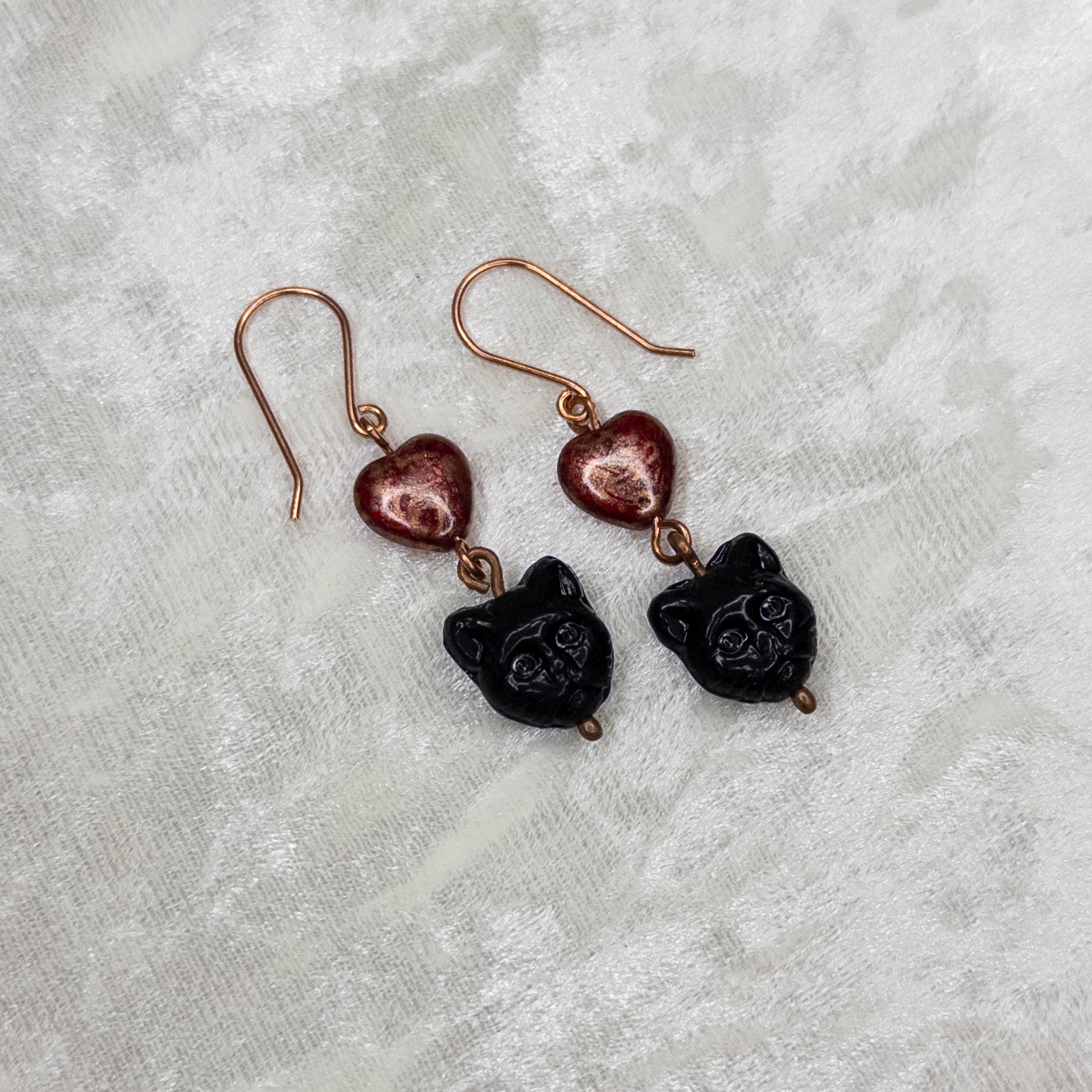 Black Cat & Hearts Czech Glass Copper Earrings
