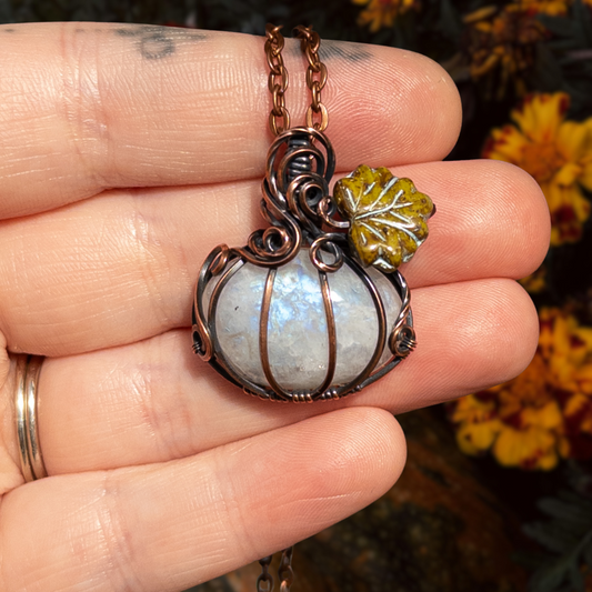 White Moonstone Antiqued Copper Pumpkin Pendant With Czech Glass Leaf
