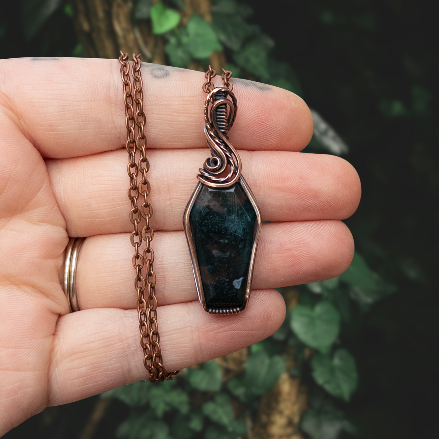 Moss Agate Coffin Antiqued Copper Pendant