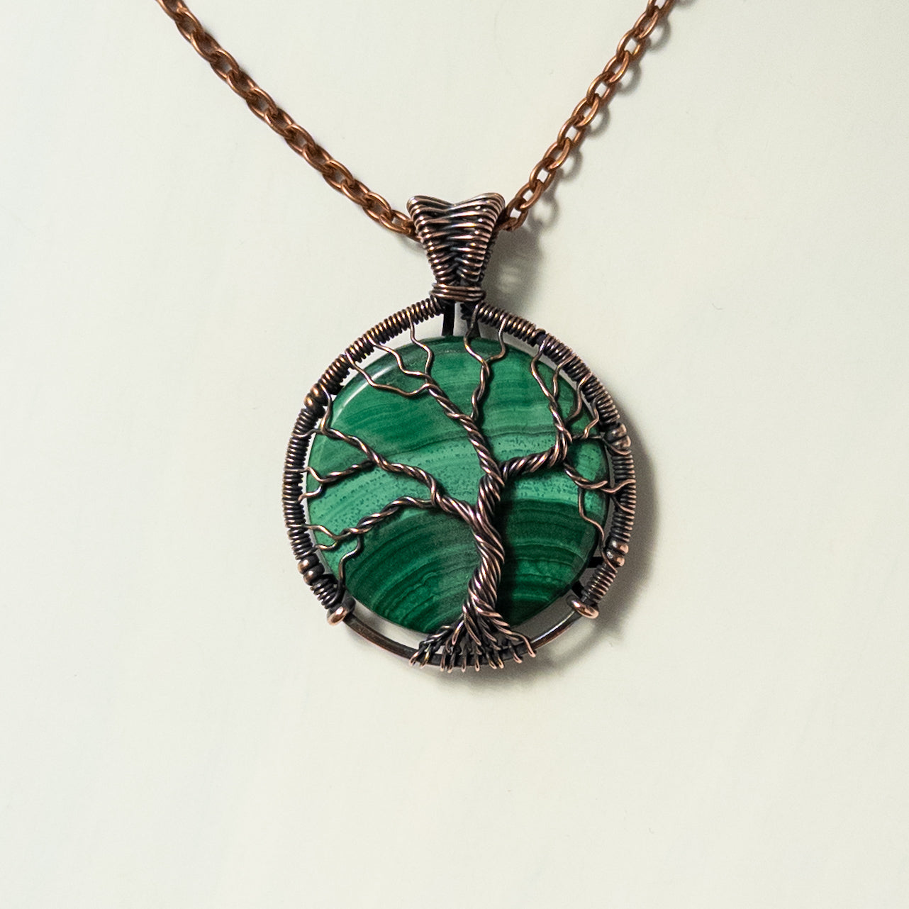Malachite Tree Of Life Antiqued Copper Wrapped Pendant