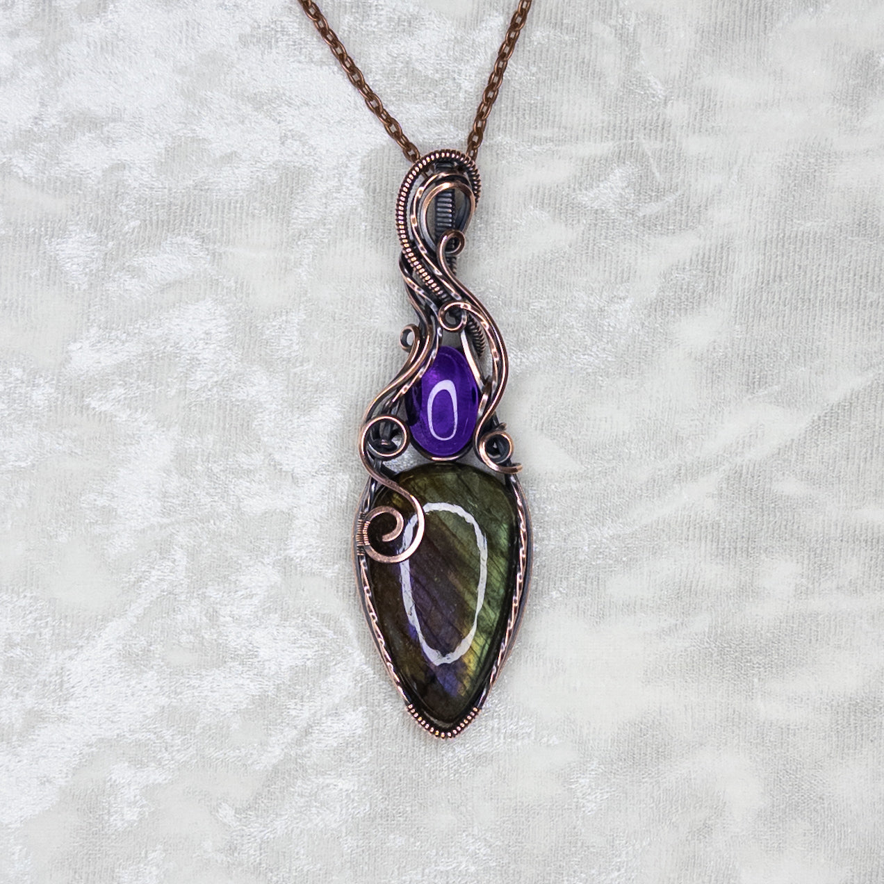 Unique Purple/Green Labradorite & Amethyst Antiqued Copper Statement Pendant
