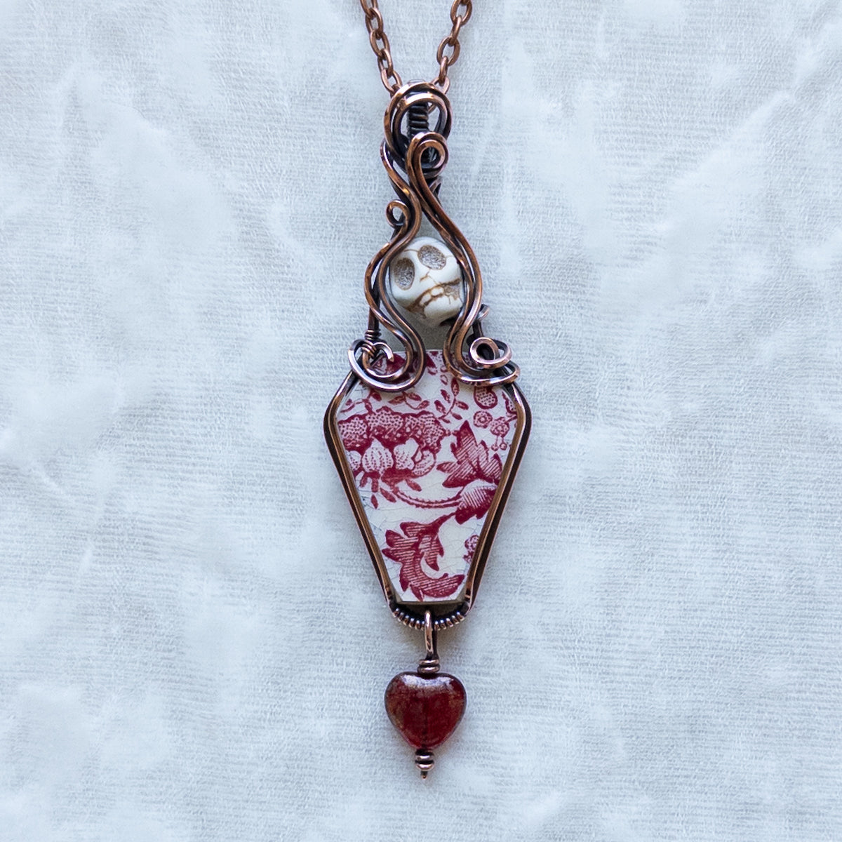 Vintage China Coffin, Skull, & Heart Antiqued Copper Pendant