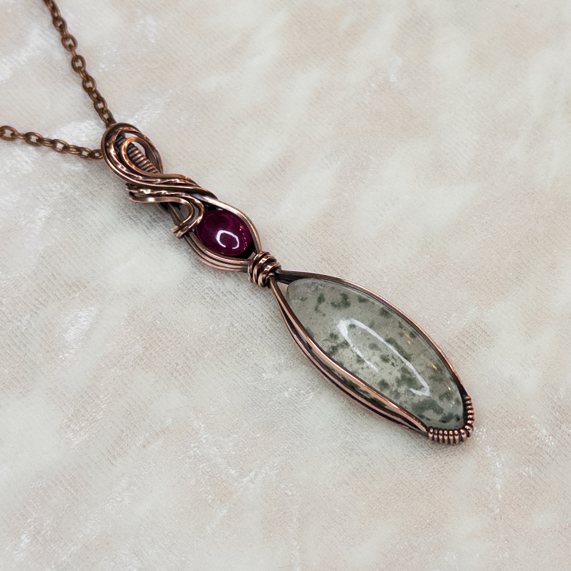 Chlorite Included Quartz & Fuchsia Garnet Antiqued Copper Pendant