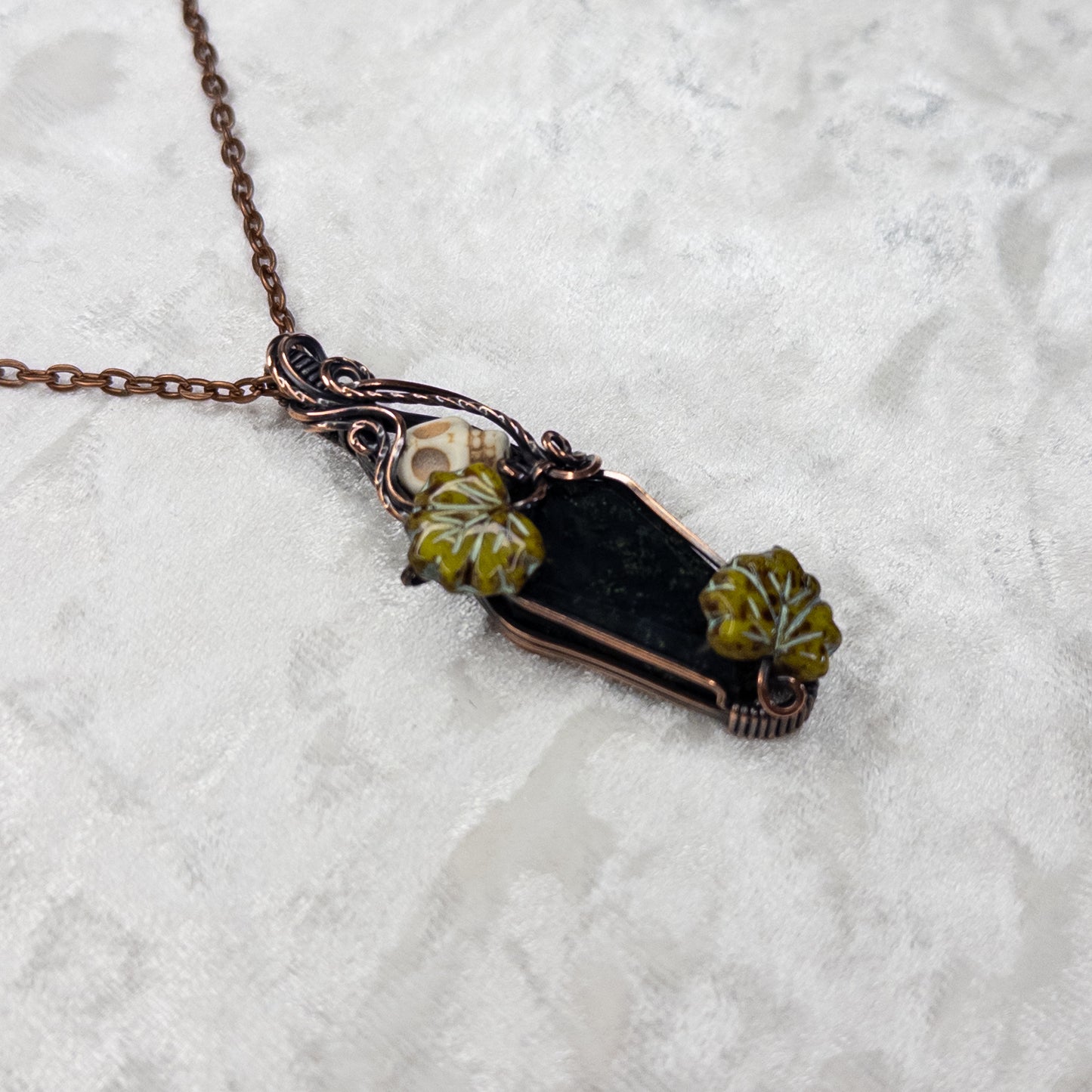 Moss Agate Coffin & Skull Antiqued Copper Pendant With Czech Glass Leaves