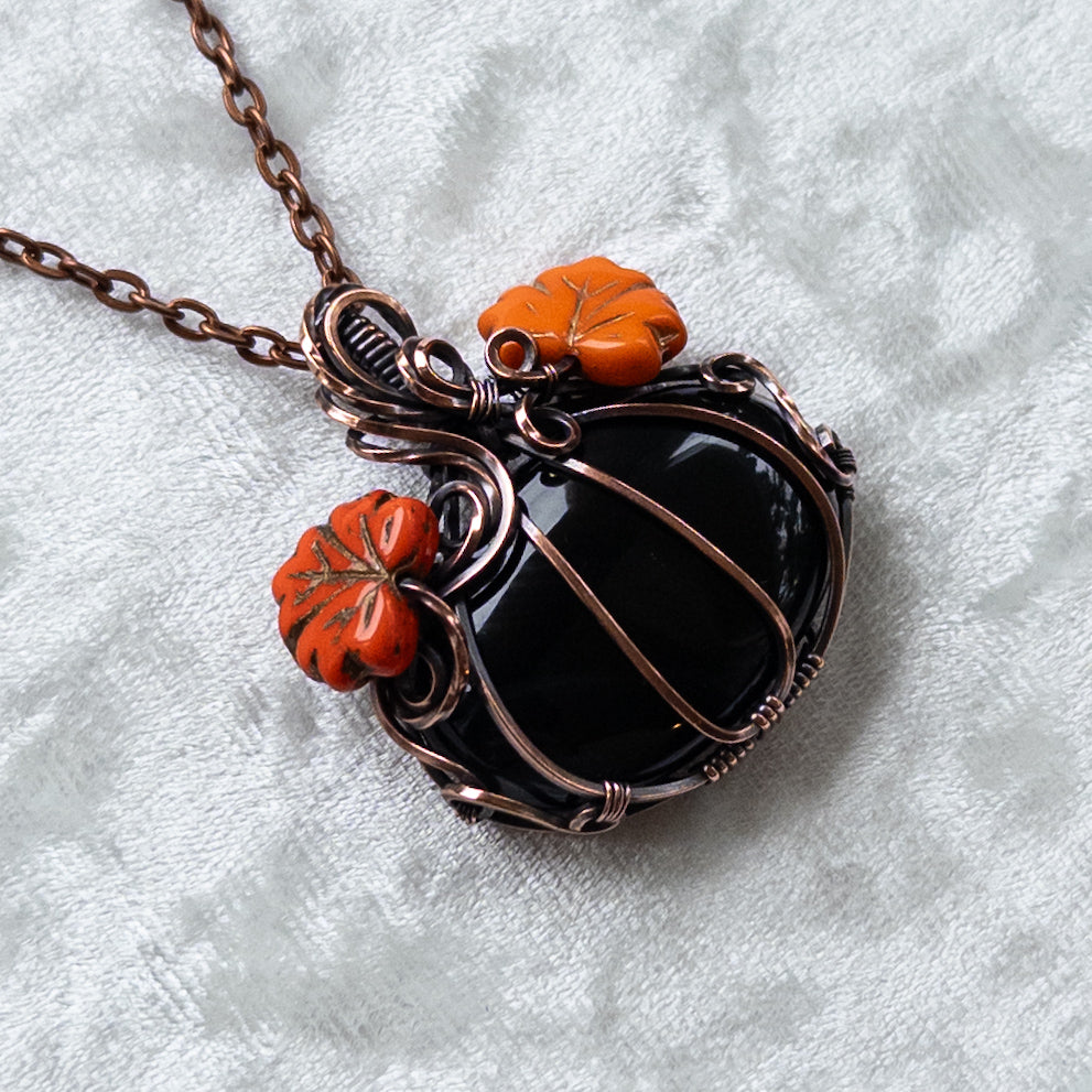 Black Onyx Pumpkin Antiqued Copper Pendant With Czech Glass Leaves
