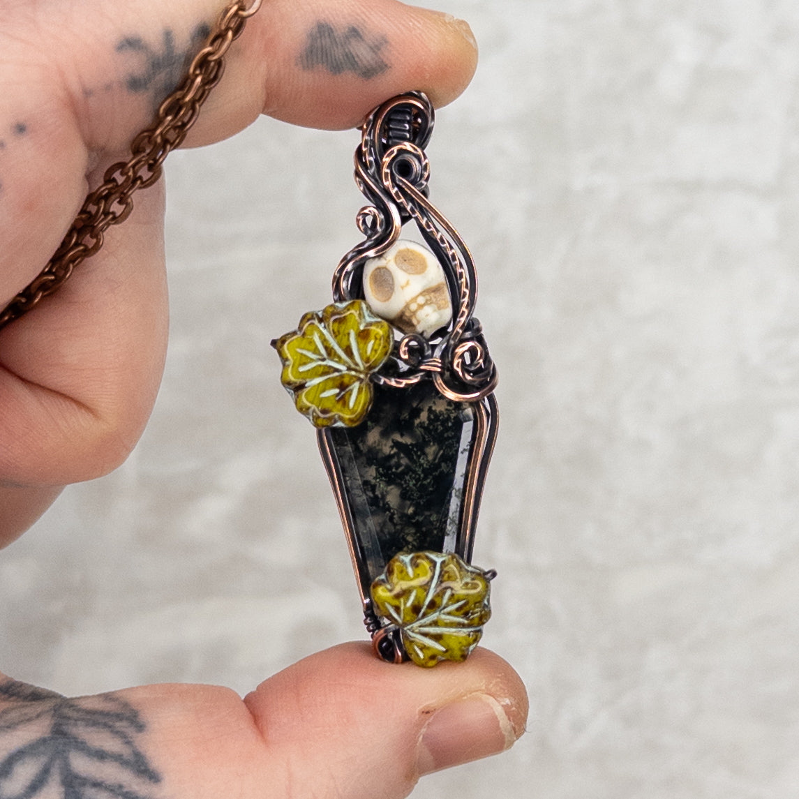 Moss Agate Coffin & Skull Antiqued Copper Pendant With Czech Glass Leaves