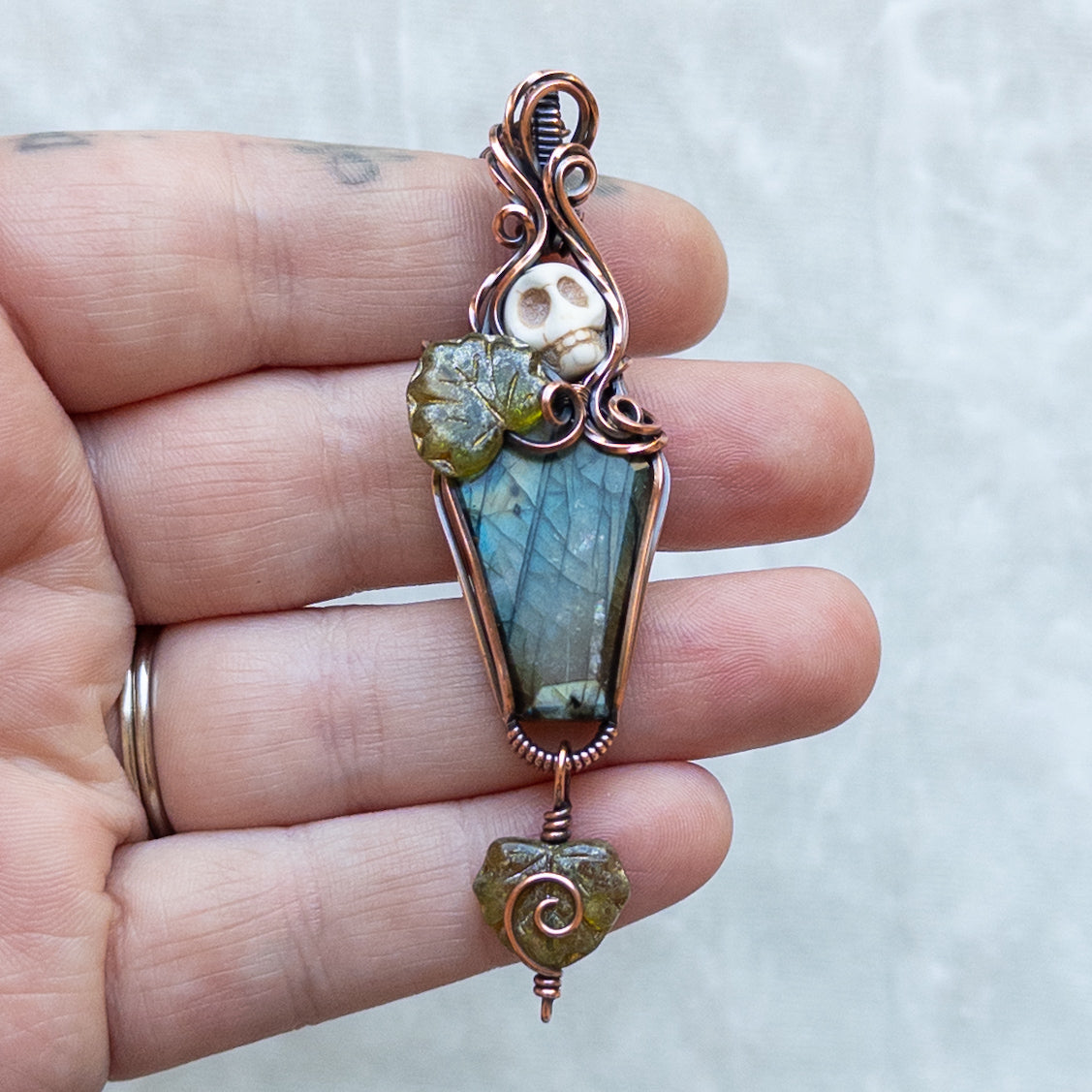 Labradorite Coffin & Skull Antiqued Copper Pendant With Czech Glass Leaves