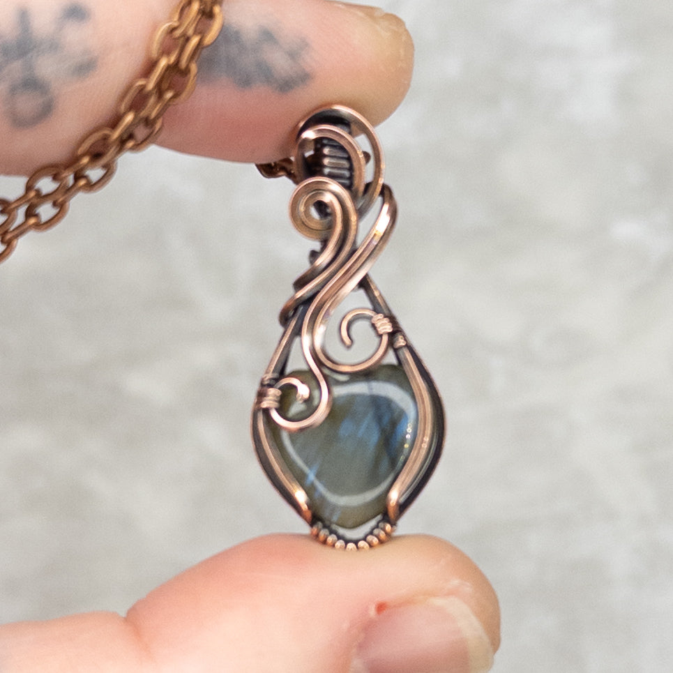 Mini Labradorite Heart Antiqued Copper Pendant
