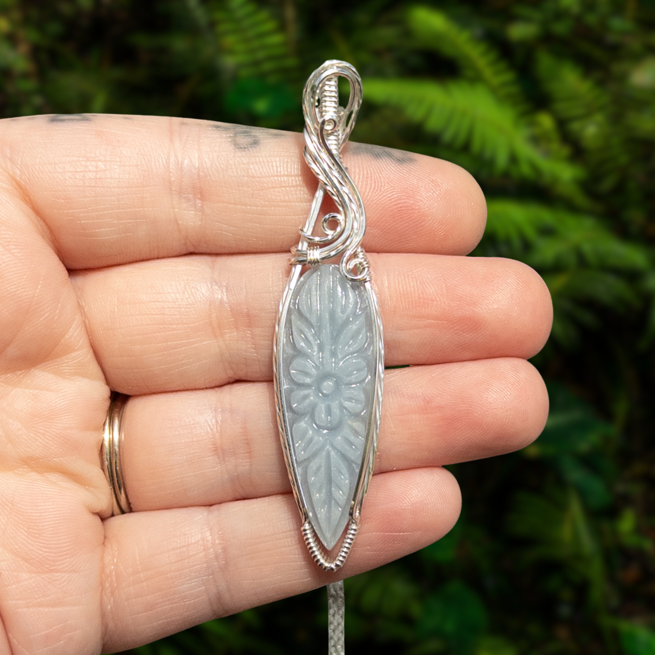 Flower Carved Angelite .925 Sterling Silver Pendant