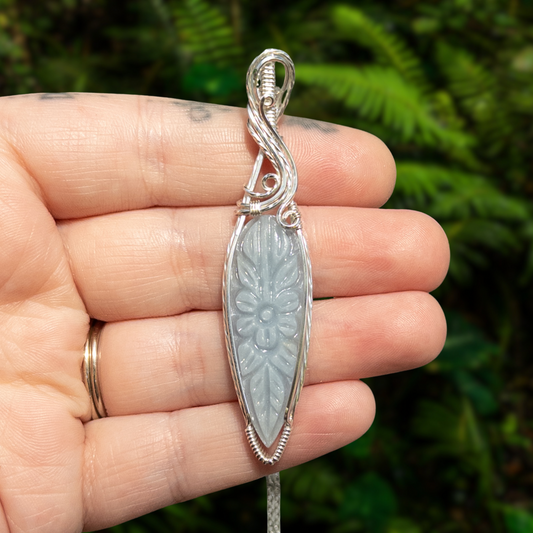 Flower Carved Angelite .925 Sterling Silver Pendant