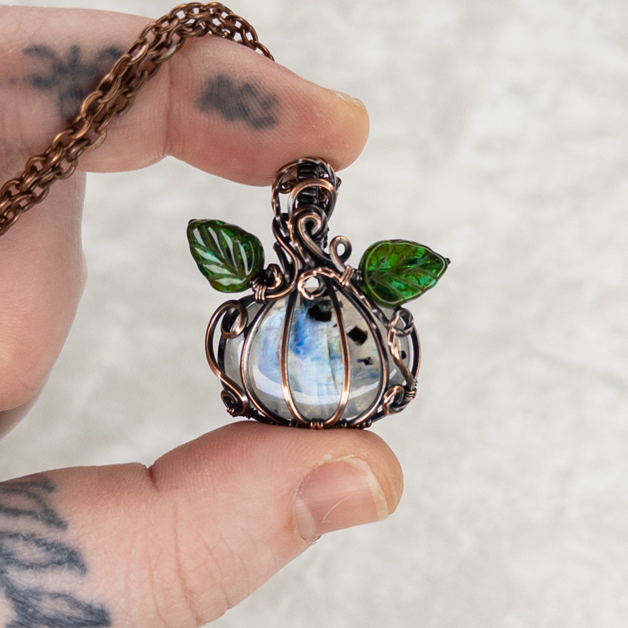 Rainbow Moonstone Antiqued Copper Pumpkin Pendant With Czech Glass Leaves