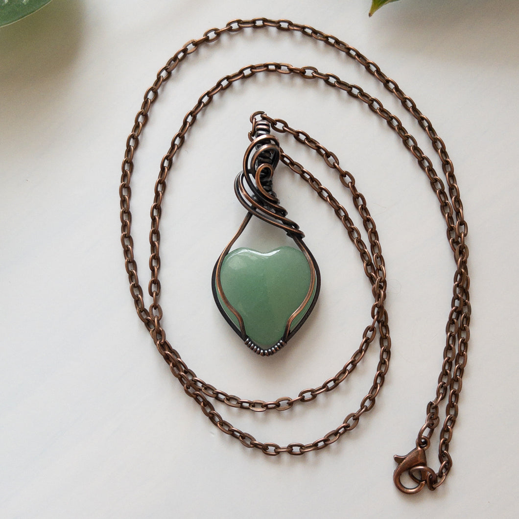 Green Aventurine Heart & Copper Wrapped Pendant