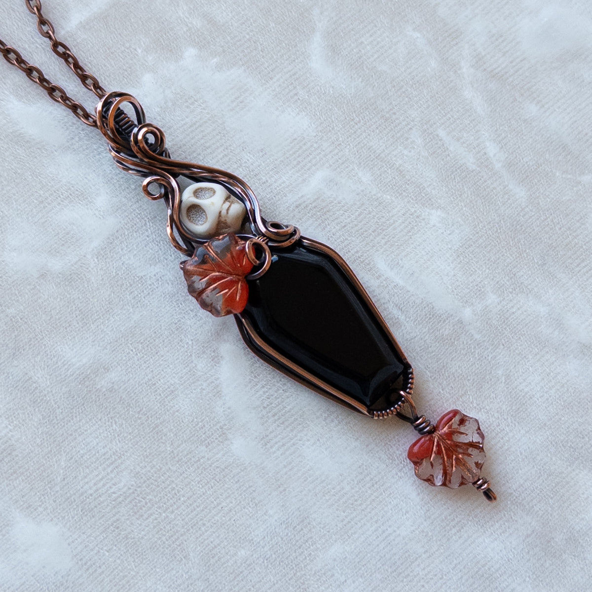 Obsidian Coffin & Skull Antiqued Copper Pendant With Czech Glass Leaves