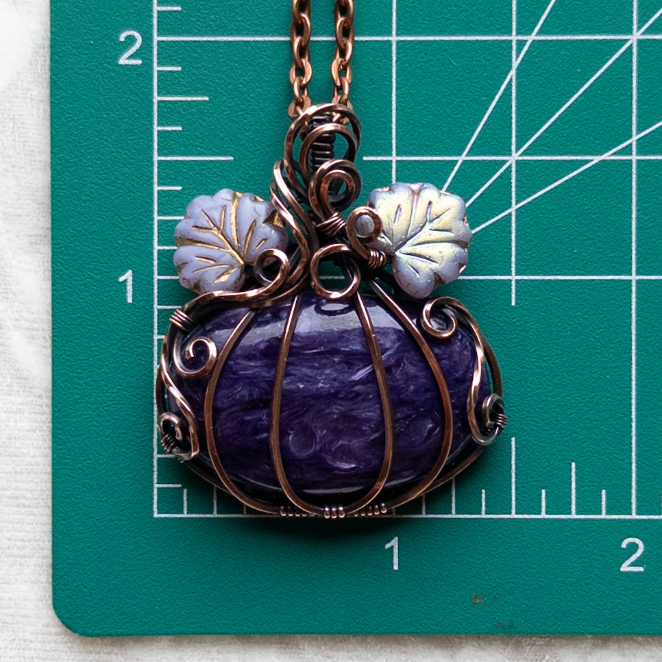 Charoite Pumpkin Antiqued Copper Pendant With Czech Glass Leaves