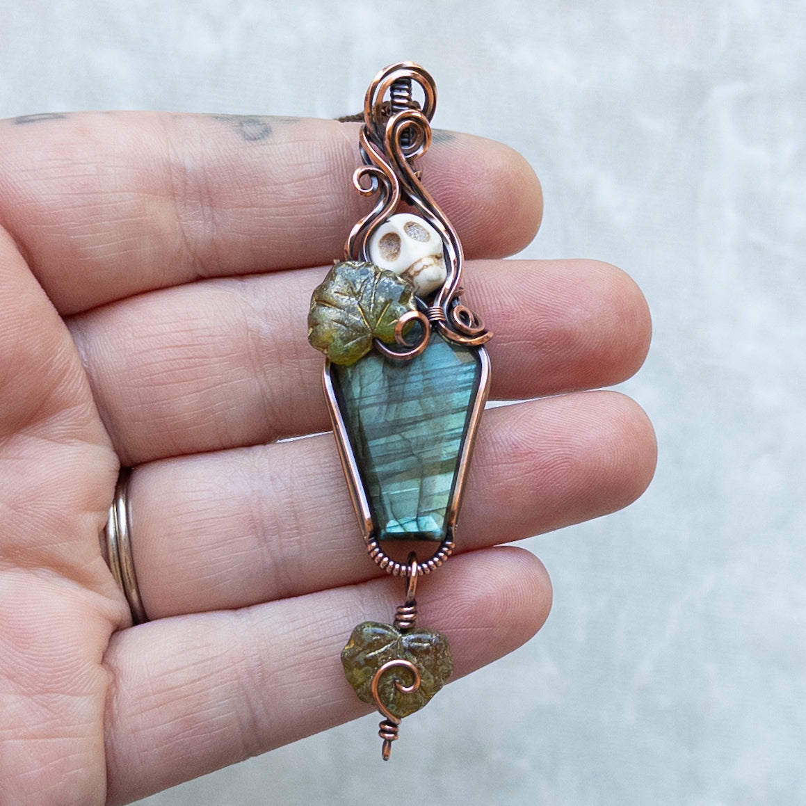 Labradorite Coffin & Skull Antiqued Copper Pendant With Czech Glass Leaves