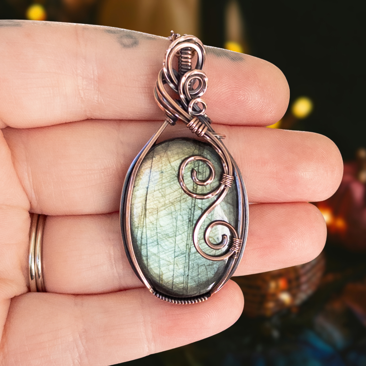 Teal Labradorite Antiqued Copper Pendant