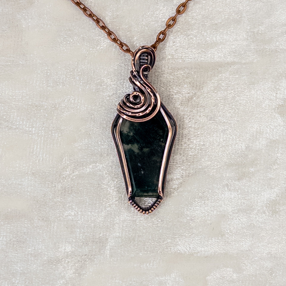 Moss Agate Coffin Antiqued Copper Pendant