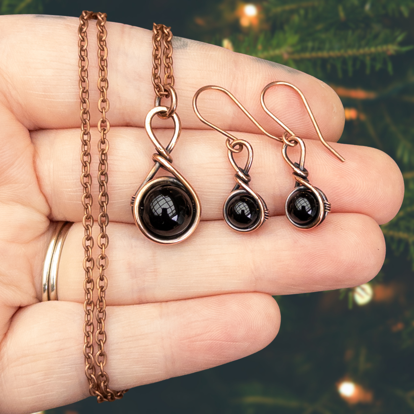 Drops of Obsidian Antiqued Copper Pendant & Earrings Set